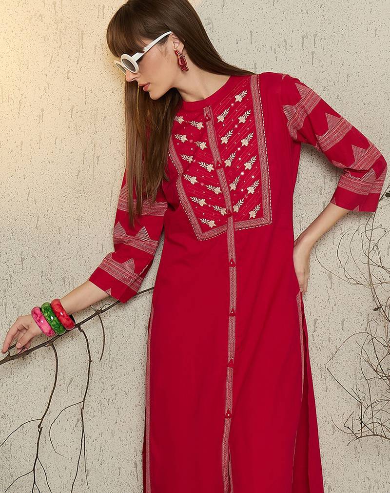 Pink embroidered pure cotton kurta trouser set