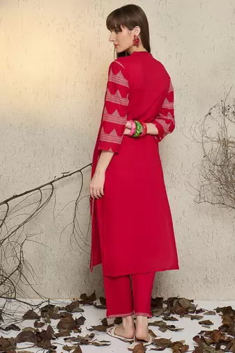 Pink embroidered pure cotton kurta trouser set