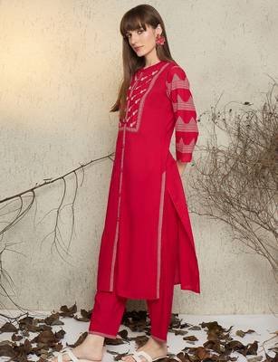 Pink embroidered pure cotton kurta trouser set 3