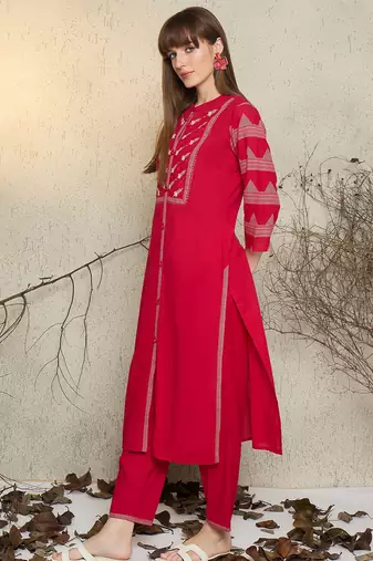 Pink embroidered pure cotton kurta trouser set
