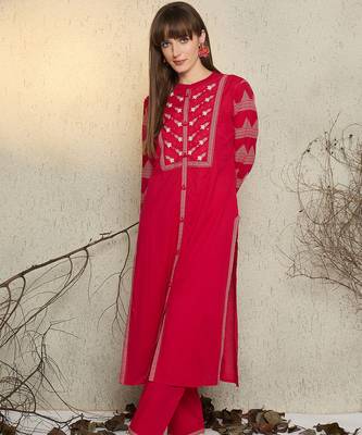 Pink embroidered pure cotton kurta trouser set 4