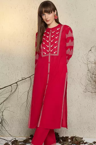 Pink embroidered pure cotton kurta trouser set