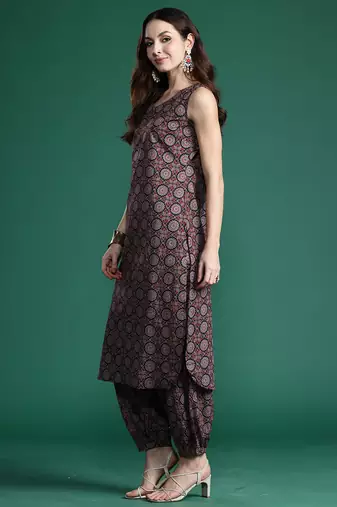 Black printed pure cotton kurta trouser set
