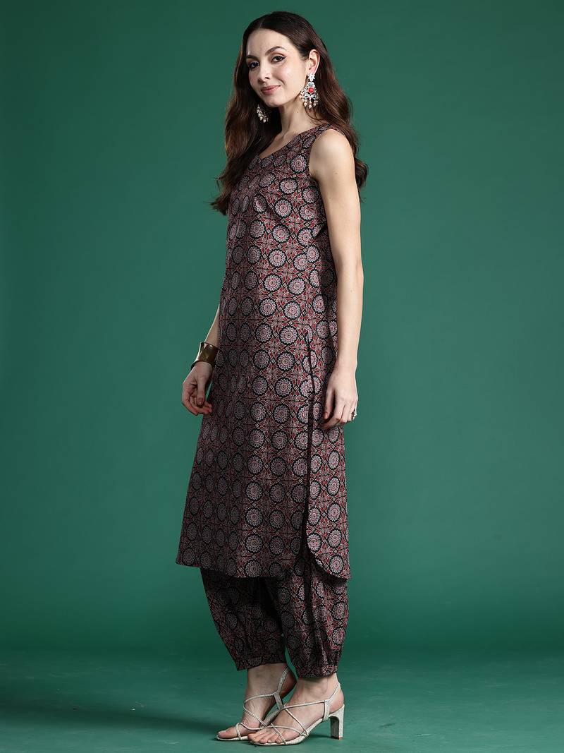 Black printed pure cotton kurta trouser set