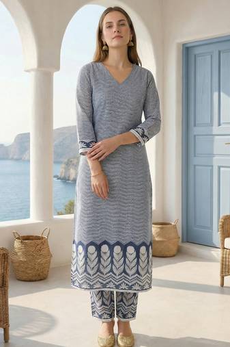 Blue printed pure cotton kurta trouser set