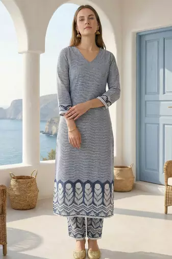 Blue printed pure cotton kurta trouser set