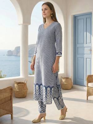 Blue printed pure cotton kurta trouser set 3