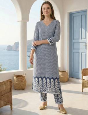 Blue printed pure cotton kurta trouser set 4