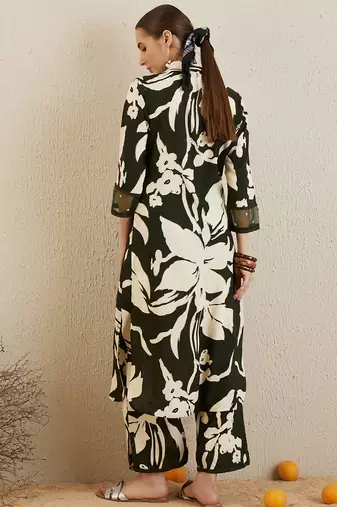 Green printed viscose rayon kurta trouser set