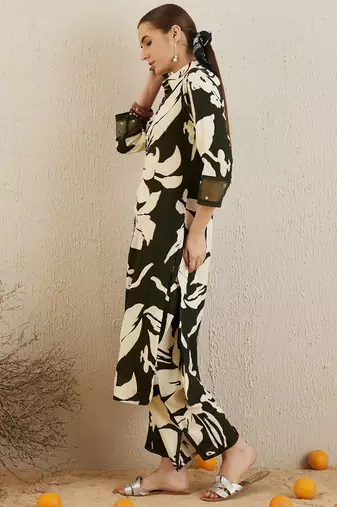 Green printed viscose rayon kurta trouser set