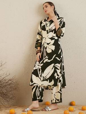 Green printed viscose rayon kurta trouser set 4