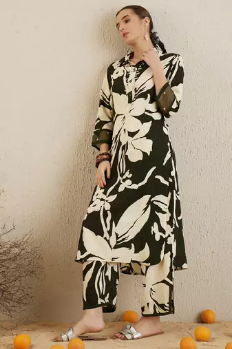 Green printed viscose rayon kurta trouser set