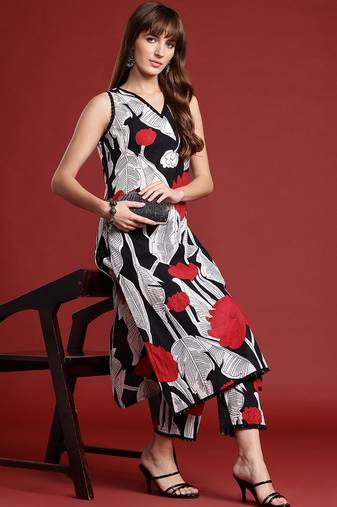 Black printed pure cotton kurta trouser set