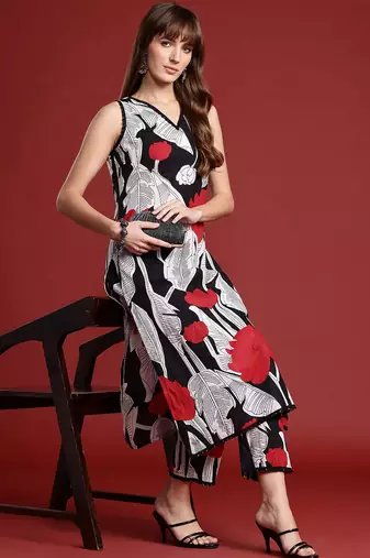 Black printed pure cotton kurta trouser set