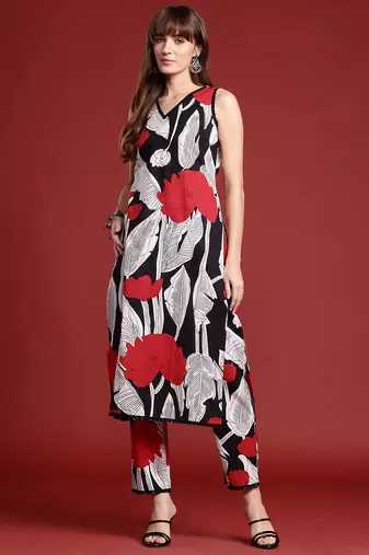 Black printed pure cotton kurta trouser set