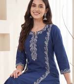 Blue embroidered pure cotton kurta trouser set