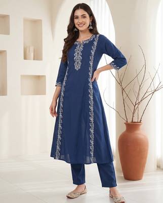 Blue embroidered pure cotton kurta trouser set 2