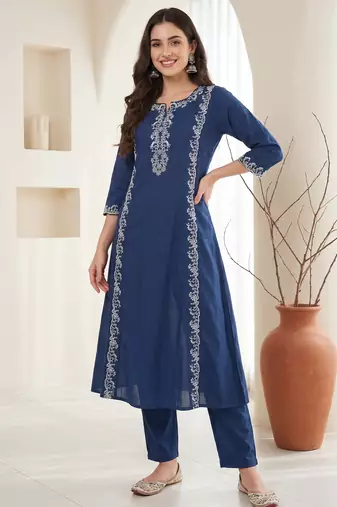 Blue embroidered pure cotton kurta trouser set