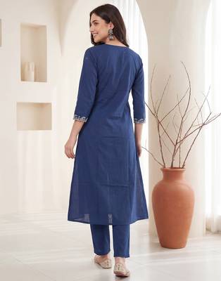 Blue embroidered pure cotton kurta trouser set 3