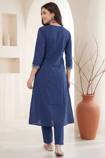 Blue embroidered pure cotton kurta trouser set