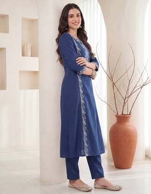 Blue embroidered pure cotton kurta trouser set 4