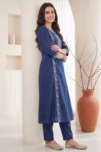 Blue embroidered pure cotton kurta trouser set