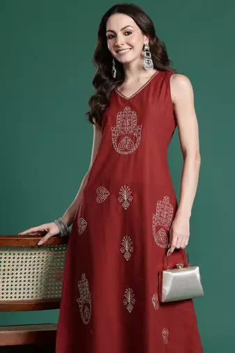 Maroon embroidered pure cotton kurta trouser set
