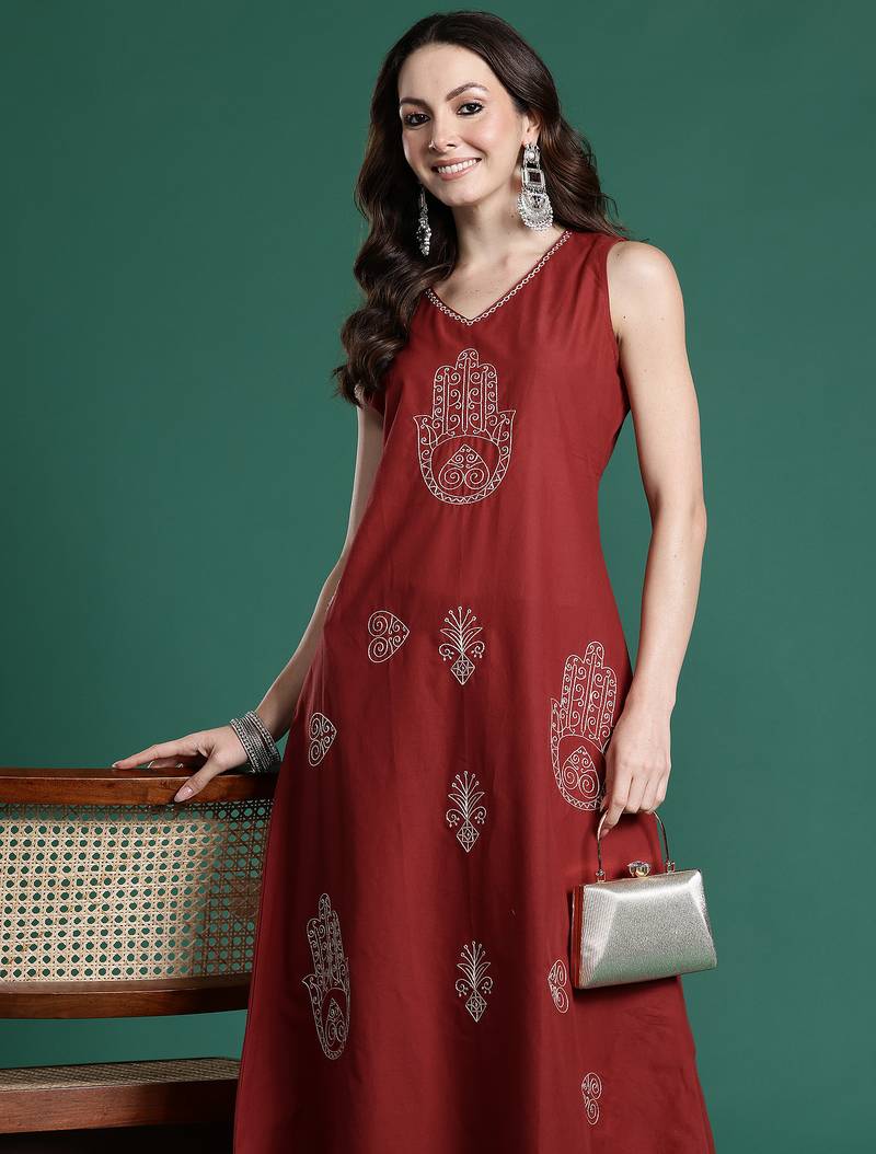 Maroon embroidered pure cotton kurta trouser set