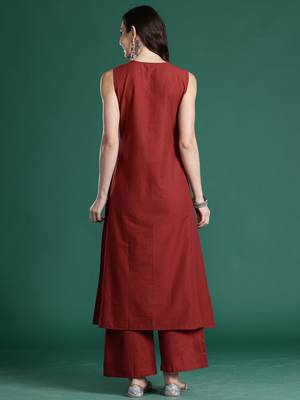Maroon embroidered pure cotton kurta trouser set 2