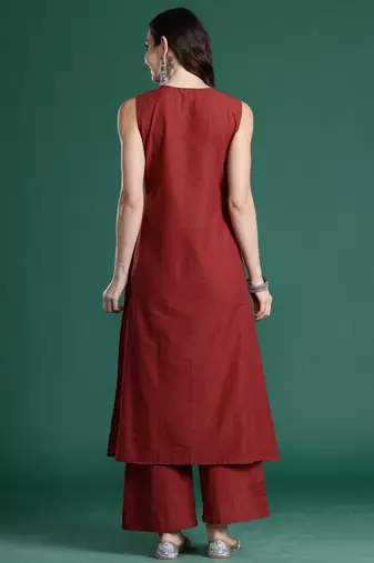 Maroon embroidered pure cotton kurta trouser set