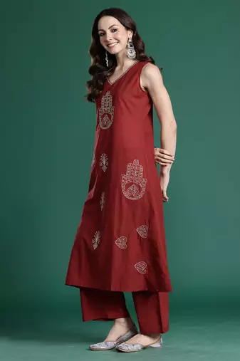 Maroon embroidered pure cotton kurta trouser set