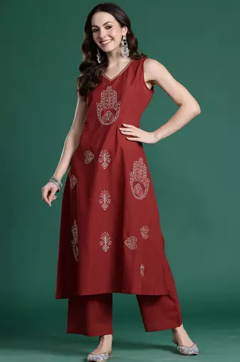 Maroon embroidered pure cotton kurta trouser set