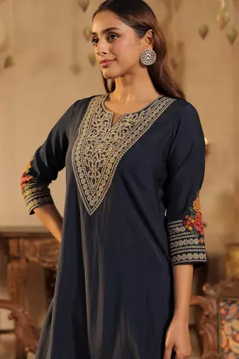 Navy blue embroidered silk kurta trouser set