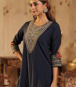 Navy blue embroidered silk kurta trouser set