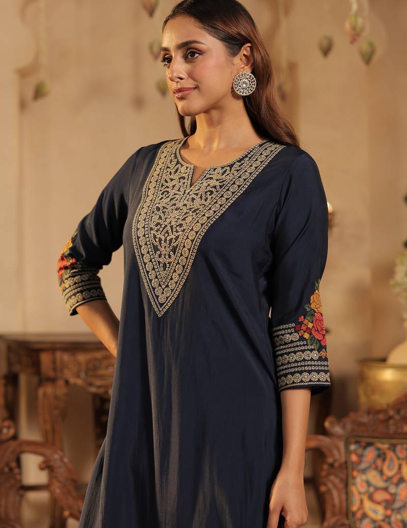 Navy blue embroidered silk kurta trouser set