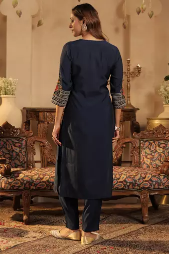 Navy blue embroidered silk kurta trouser set