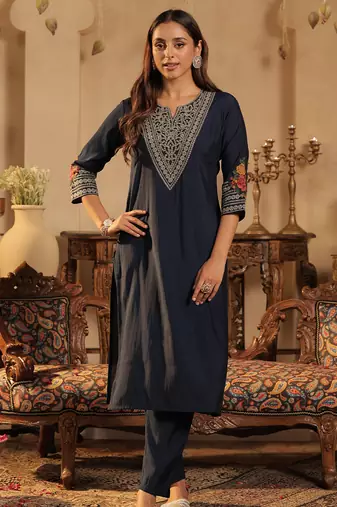 Navy blue embroidered silk kurta trouser set
