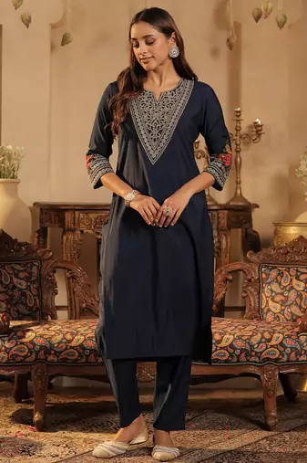 Navy blue embroidered silk kurta trouser set