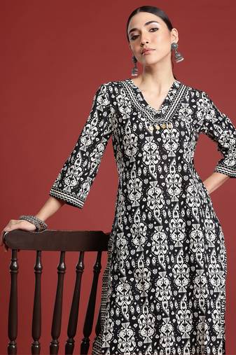 Black printed pure cotton kurta trouser set
