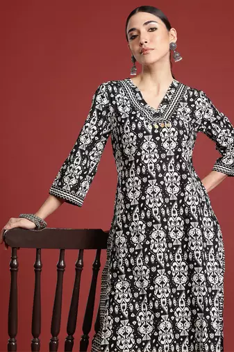 Black printed pure cotton kurta trouser set