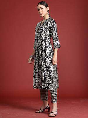 Black printed pure cotton kurta trouser set 2