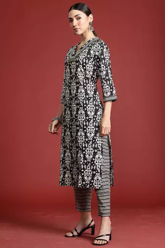 Black printed pure cotton kurta trouser set