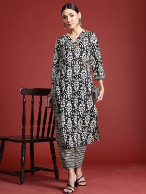 Black printed pure cotton kurta trouser set 4
