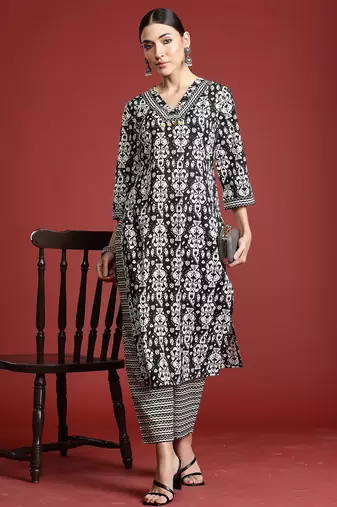 Black printed pure cotton kurta trouser set