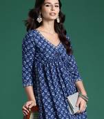 Blue printed pure cotton kurta trouser set