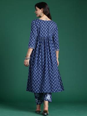 Blue printed pure cotton kurta trouser set 2
