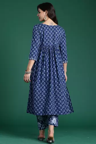 Blue printed pure cotton kurta trouser set