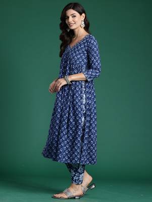 Blue printed pure cotton kurta trouser set 3