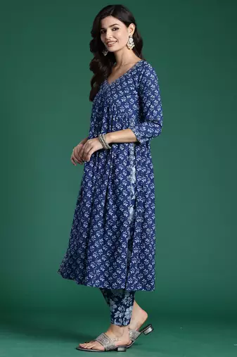 Blue printed pure cotton kurta trouser set