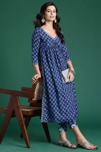 Blue printed pure cotton kurta trouser set